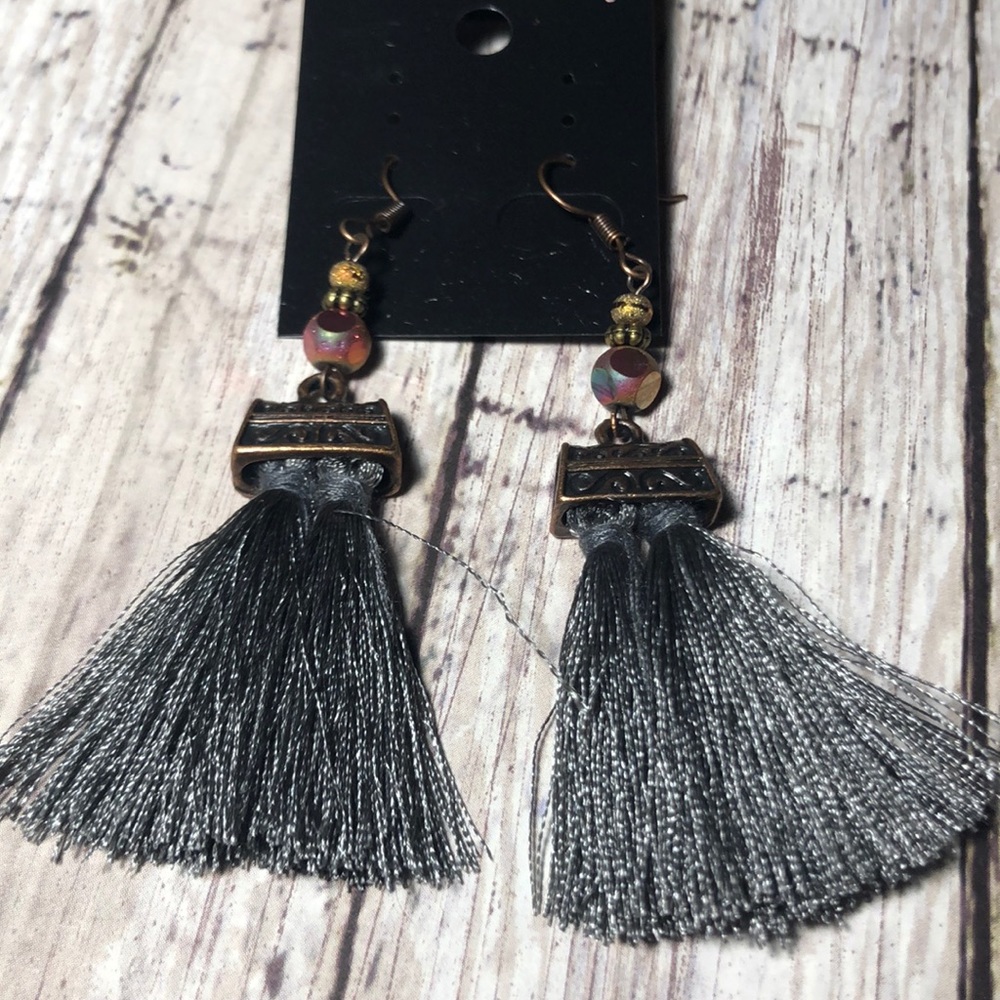 Boho copper and gray fringe dangling earrings NWT